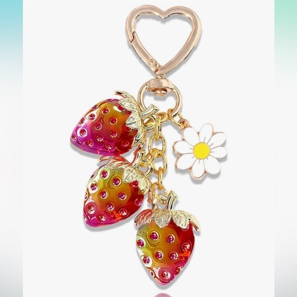 Strawberry and Daisy purse charm with 3 berries and heart clip in gold